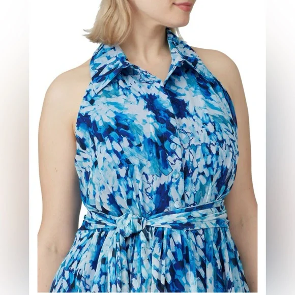 BADGLEY MISCHKA Blue Floral Print Halter Chiffon Maxi Shirt-Dress Gown 20 US
